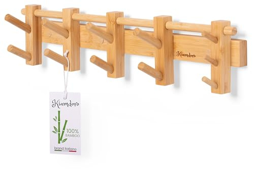 KIAMDORO - Attaccapanni da parete - 58cm - Appendiabiti da Parete Legno Ecofriendly - 4 Ganci Doppi di cui 2 Mobili - Appendiabiti da Muro - Portachiavi da Parete Design