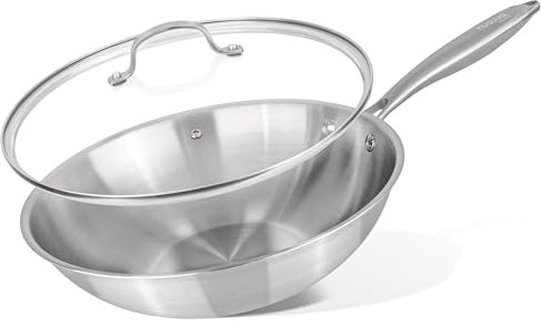 nuovva Stainless Steel Wok Non Stick – Induction Deep Stir Fry Pan – 28cm Frying Pan with Glass Lid