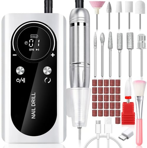 AMCHLEL Fresa Unghie, Fresa Per Unghie Professionale 45000 Giri, Tagliaunghie Elettrico con Display LCD, Trapano Elettrico per Unghie con Punte di Ricambio, Nail Drill Machine per Casa e Salone