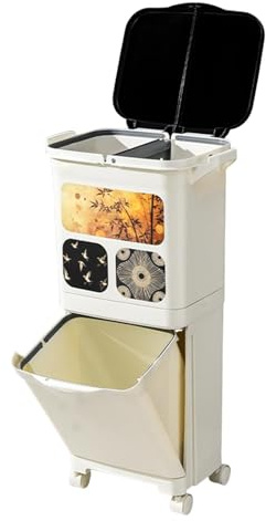 Pitycbo Pattumiera Cucina con Ruote Universali E Cassetto Estraibile Bidone Raccolta Differenziata Grande Capacità 38L Resistente Pp Adatta per Cucina Apparta, Bianco crema