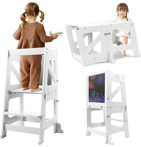 Torre Montessoriana Bambini, Grandi Dimensioni Learning Tower Pieghevole in legno, 3 in 1 set di scrivania e sedia per bambini trasformabile con lavagna, Adatto a bambini dai 18 mesi in su (Bianco)