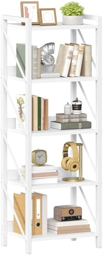 HOOBRO Scaffale a 5 Ripiani in Stile Moderno, Libreria Angolare, Scaffale a Scala, con Struttura in Metallo, per Soggiorno, Camera, Ufficio, Cucina o Ingresso, Bianco EWW73SJ01