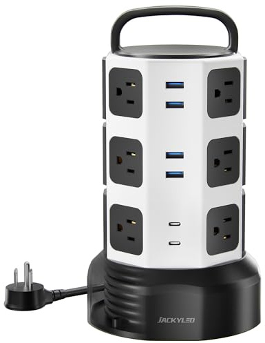 Power Strip Tower Surge Protector, JACKYLED 12 Outlets 6 USB (2 USB C) Charging Station, Extension Cord with Multiple Outlets, 1050J 1625W/13A Outlet Extender 6.5ft Extension Cord for Home Office