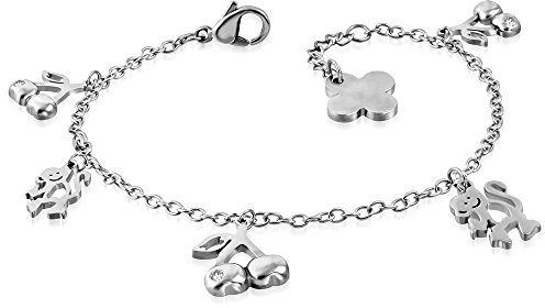 Bungsa Kirschen & Affen Bettelarmband Edelstahl silber (Karabinerverschluss Bettelkette Armband Damenarmband Herrenarmband Bracelet Fusskette Anklet Chirurgenstahl Schmuck Edelstahlarmband)