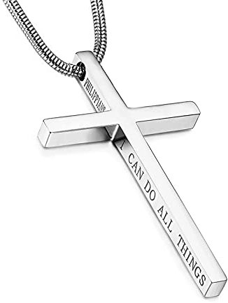 Philippians Cross Pendant Necklace for Men Women Stainless Steel Necklace Snake Chain 22 in (Silver Tone)