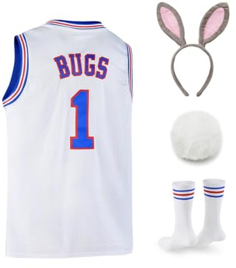 Bugs 1 Space Men's Movie Jersey Basketball Jersey with Head Hoop & Socks White S-XXL - White - S