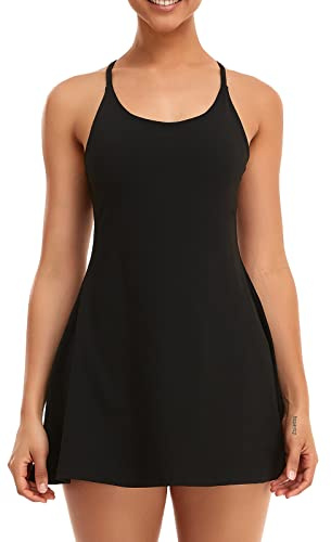 Womens Tennis Dress, Workout Dress with Built-in Bra & Shorts Pockets Exercise Dress for Golf Athletic Dresses for Women, Black, L