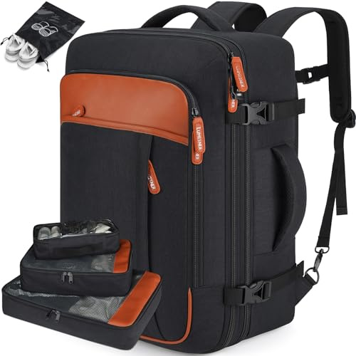 Lumesner Handgepäck-Rucksack, extra groß, 40 l, Flugzugelassen, Reiserucksack für Männer und Frauen, erweiterbar, großer Koffer-Rucksack mit 4 Packwürfeln, (Schwarz (Backpack mit 3 Packwürfeln))