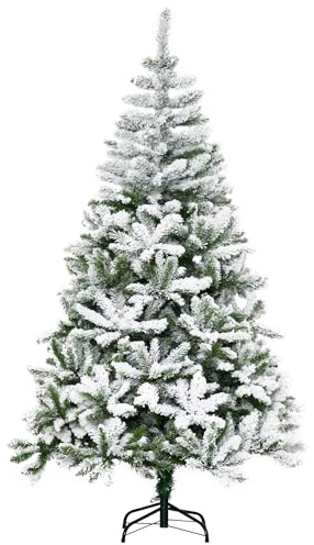 HOMCOM Árbol de Navidad Artificial 180 cm con Nieve Ignífugo con 750 Ramas Apertura Automática Base Plegable y Soporte Metálico Decoración Navideña para Interiores Verde