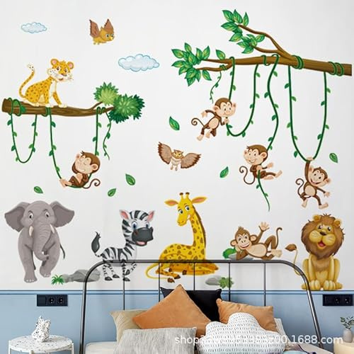 HGDESIGN® Väggtatuering väggdekal skog djur djungel apa sengångare koala tiger lejon zoo väggklistermärken barnrum babyrum barn baby pojke flicka väggdekoration (C)