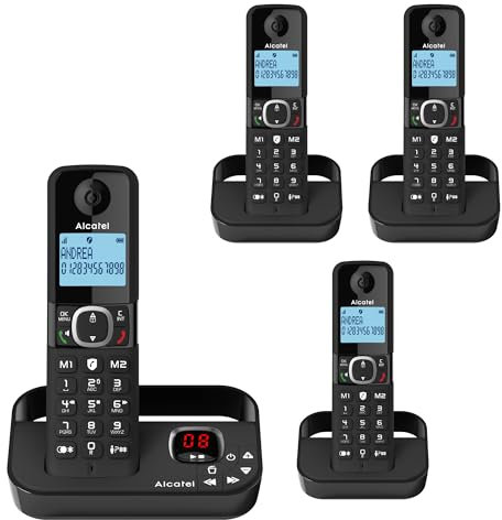ALCATEL F860 Voice Quad - DECT Cordless Phone With Answering Machine - Large Backlit Display - Loudspeaker - Call Barring - 2 Direct Memory Keys - 4 Handsets - Black
