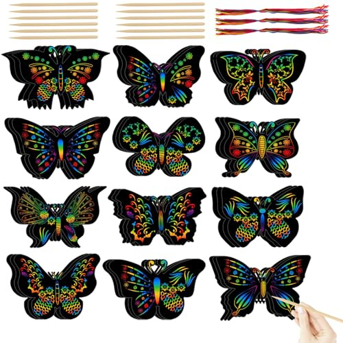 36 PCS Butterfly Scratch Cards - Scratch Art Butterfly Party Favors & Crafts for DIY Crafts Birthday Party, Halloween, Christmas - 12 Styles, Bamboo Stylus Included