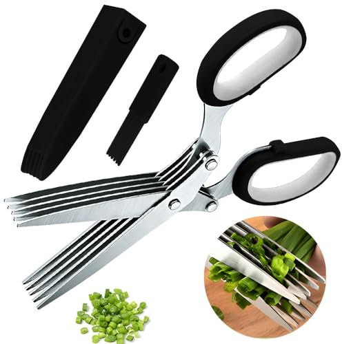 Rukinovi Kitchen Herb Scissors,Multipurpose Food Scissors,5 Stainless Steel Blades and Safety Cover Kitchen Scissorsfor Chopping Chive,Vegetables,Salad,Collard Greens,Parsleyherb Shears (B-Black)