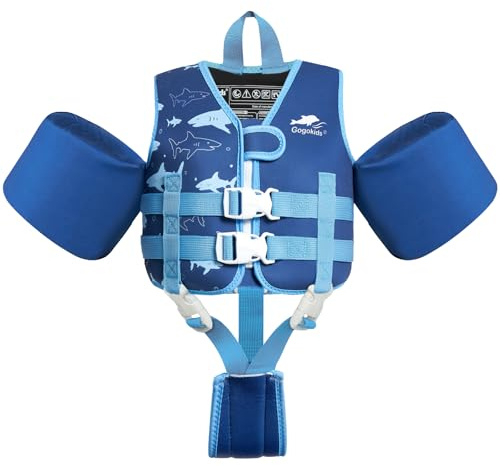 Gogokids Chaleco salvavidas para niños con mangas salvavidas para niños pequeños, estilo chaqueta, flotabilidad, flotabilidad con correas ajustables, chaleco salvavidas para niños y niñas (2-3