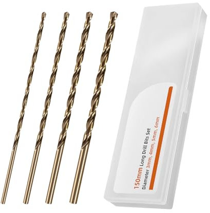 YIJIZE 4pz Brocas Largas 150mm, Diámetro 3mm 4mm 5mm 6mm, Brocas para Metal, HSS Cobalto, Para Metal Duro, Acero Inoxidable, Hierro Fundido, Cobre, Aluminio, PVC, Plástico, Madera