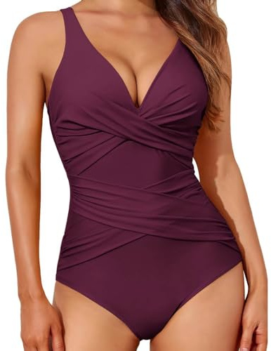 Angxiwan One Piece Swimming Costume Women Tummy Control Slimming Swimwear Casual Front Cross V Neck Bathing Suits Adjustable Strap Ruched Push up Swimsuit Swimwear