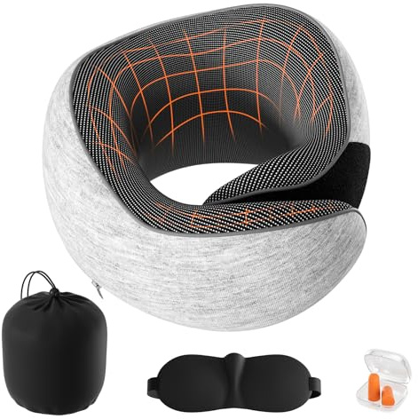 Lavlola Travel Pillow Neck Pillow for Travel Airplane Memory Foam Adjustable & Compact Flight Pillow for Cars, Trains, Home, Offices, With Ear Plugs, Eye Mask, Carry Bag (Light Grey)