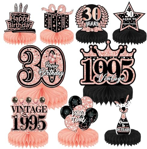 30th Birthday Table Decorations 9pcs Rose Gold Birthday Honeycomb Table Centerpieces Cheers to Honeycomb Table Topper for Men Women Party Decoration Supplies (30th)