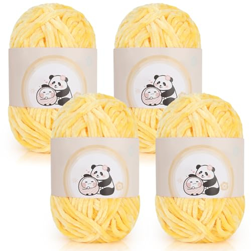 Aeelike Chenille Yarn 400g, 4 Pack Plush Chenille Chunky Yarn for Crocheting (100g per ball, 87yd), Soft Fluffy Velvet Thick Chunky Wool for Knitting Baby Blankets, Scarves, Socks & DIY Crafts, Yellow