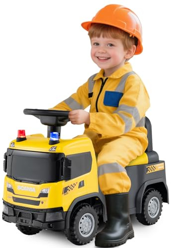 GOPLUS Camión de Construcción de Juguete Licenciado Scania, Coche Correpasillos para Niños con Luces, Sonidos y Almacenamiento Bajo Asiento, Coche Deslizante de Pies al Suelo, 18+ Meses (Amarillo)