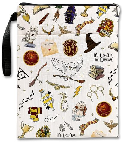 Harry Magie Buchhülle 29.5x21cm, Wasserdichte Polyester Buchtasche mit Reißverschluss, Doppelseitiger Druck Buch Hülle mit Hogwarts Motiven für Schule, Reisen, Alltag, Magische Buchliebhaber Geschenke