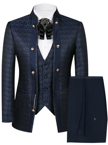 Trajes de Hombre, Esmoquin de 3 Piezas Ajustado con Estampado Floral y Cachemir, Cuello mandarín, Blazer, Chaleco y pantalón para Boda, Azul, Talla Grande