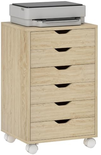 HOMCOM 6 Drawer Vertical File Cabinet Mobile Filing Cabinet Oak Wood Effect | Quiet Drawers, Wheels with 2 Brakes, Rolling Printer Stand, Under Desk Storage Organiser, for Home Office, Study
