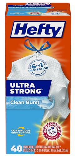 Hefty Ultra Strong 13 Gallon Trash Bags, Tall Kitchen Trash Bags 13 Gallon Size, Drawstring Closure, Continuous Odor Control, White, Clean Burst Scent, 40 Bags