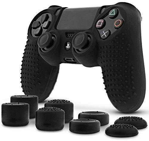Fosmon – Silikon Hülle für PS4 DualShock Controller mit Daumengriffkappen 8er-Pack / 4 Paar - Controller-Hülle mit 8 Daumengriffen - rutschfeste Silikongriff-Schutzhülle (Schwarz)