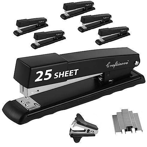 Craftinova Metal Desktop Stapler - 25 Sheet Capacity, Heavy Duty, Black, with 2000 Staples & Remover, Office Use, 6 Pack