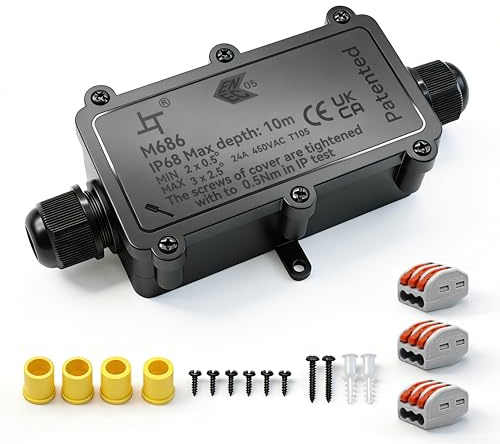 Verteilerdose, Abzweigdose, Junction Box, HUYU IP68 elektrische Außenverteilerdose, Erdkabel Anschlussdose, mit M20 verstellbaren Kabelverschraubungen, für Kabeldurchmesser Ø 5mm-12mm, 2-Wege