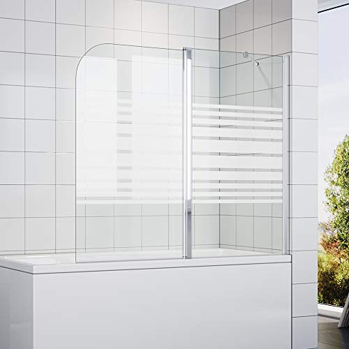 SONNI Duschvägg för badkar 2 delar 120 x 140 cm (B x H) frostat glas ränder 180° duschvägg badkarsfäste, med stabilisator