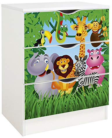 Leomark Commode en Bois avec 3 tiroirs - Roma - Blanche Meuble pour Chambre d'enfant, Style scandinave, Meuble de Rangement, Dim : 60 x 42 x 78 cm (Animaux)