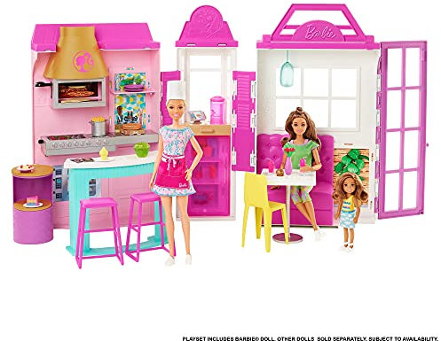 Barbie HBB91 - Cook'n Grill Restaurant Spielset, mit Köchin Puppe, Freundin und kleinem Mädchen, aufklappbar, Spielzeug ab 3 Jahren