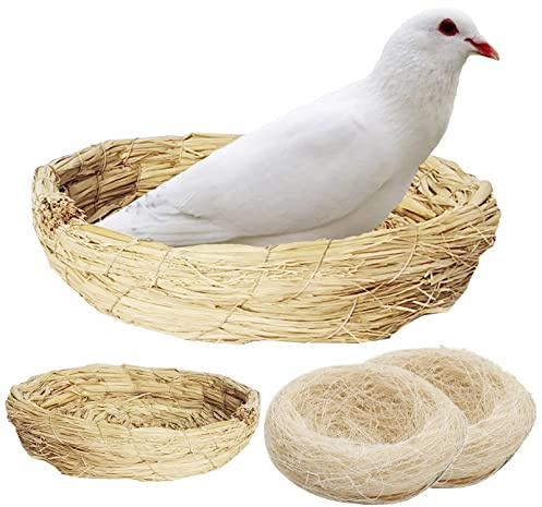 Fhiny Handmade Woven Bird Spawning Nest with Coconut Fiber Liner Flat Base Straw Bird Nest Bed Hatch Roosting for Dove Pigeon Parrot Turtle Quail Macaw Cuckoo Sparrow