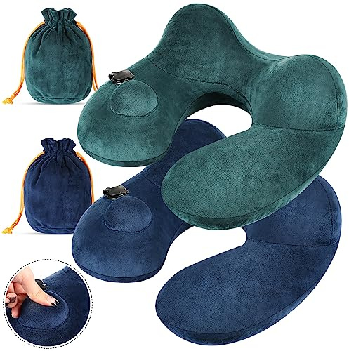 Xtinmee 2 cuscini autogonfiabili morbidi da viaggio per aereo, con borsa compatta, per il collo a lungo volo, supporto per la testa, auto, casa, ufficio, 31 x 30 x 15 cm (verde pavone, blu)