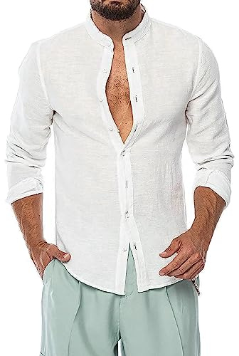 Evoga Camicia Uomo di Lino Manica Lunga Slim Fit Casual Estiva Coreana (M, Bianco)