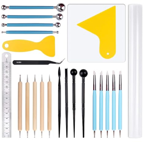 ZONADAH Set med 24 snidverktyg av modellmassa, inklusive punkteringsverktyg med kulstift, silikonskulpteringsverktyg för prägling, färgning, nagelkonst, målning