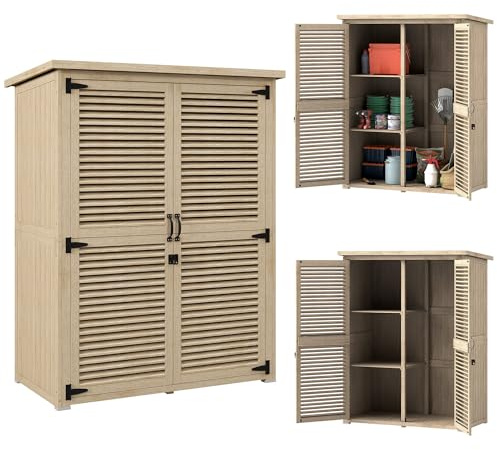 Outsunny Abri de jardin en bois 0,83 m² 127 x 65 x 168 cm Armoire d'extérieur en bois avec 2 portes de volet roulant 2 étagères 2 poignées et toit imperméable pour jardin naturel