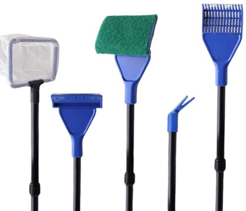 Vueinrg 5 in 1 Pulizia Acquario Kit Pulizia Dell'acquario con Raschietto Acquario + Retino Acquario + Rastrello Ghiaia + Forchetta per Piante Kit di Pulizia per Acquario Accessori Set