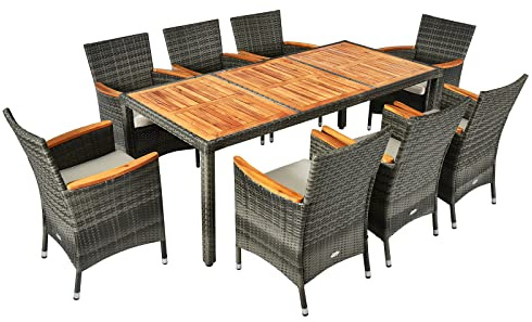 GIANTEX Set di mobili da giardino 9 pezzi, tavolo da pranzo e 8 sedie, set di mobili in rattan per 8 persone, seduta imbottita, mobili per terrazza, patio (grigio)