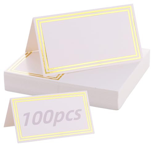 Aselected 100 Pcs Table Place Cards, 10 x 9 cm Gold Foil Name Card Foldable to Stand, Double Sides Table Seating Cards, White Place Card for Table Setting Party Dinner Reception