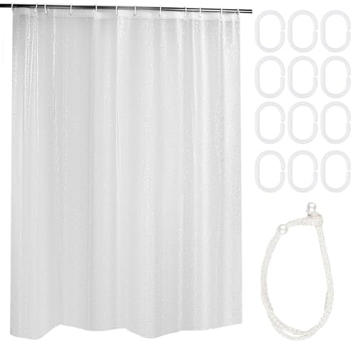 JRJRN 180x200cm Semi Transparent Shower Curtain, 3D Clear Shower Curtain, Vinyl Mildewproof Pebble Wet Room Curtain, Mould Proof PEVA Bath Curtain Liner With Pearl Tieback 12 Ring Hooks for Bathroom