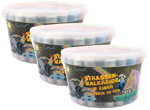 TerCasa 998705 - Lot de 150 craies de peinture de rue - 50 craies dans 3 seaux - Avec couvercle et anse - 150 craies colorées pour pavés ou asphalte - Pour enfants à partir de 3 ans