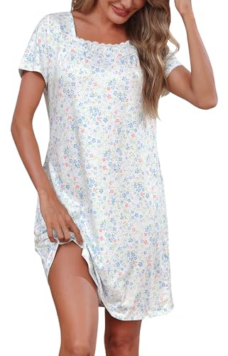 Litherday Camisón de Algodón Para Mujer Manga Corta con Encaje - Ropa de Dormir Vestido Suelto Cómodo S-XXL