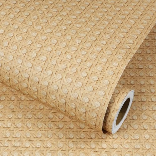 YENHOME Natural Rattan Peel and Stick Wallpaper 17.7x118 Beige Woven Smooth Non-Textured Contact Paper Self Adhesive Removable Wall Paper for Bedroom Cabinets Bathroom Accent Walls Boho Home Decor