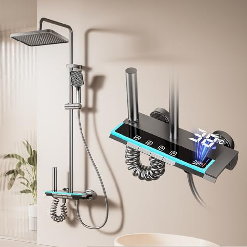 Julymoda Sistema Doccia con Doccia a Pioggia, 4 Funzioni Elegante Miscelatore Doccia a Pulsante Set Completo Colonna Doccia, 70-103cm Altezza Regolabile per Doccia Bagno