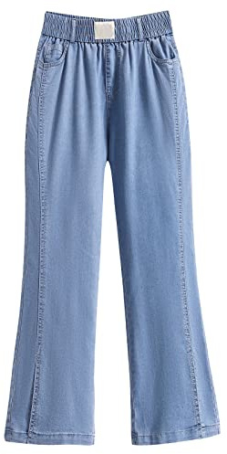 Vaqueros Acampanados adelgazantes de Talla Grande de Seda Fina de Seda Helada para Mujer Pantalones Estampados Mujer Vaqueros Mujer Cintura (Blue, XL)