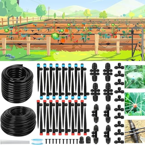 Powate 130FT Garten BewässerungsSystem, Garten Bewässerung Kit mit 46FT 1/2'' Schläuche, Neue Quick-Connect 1/4 Zoll Fittings Automatische Sprinkler für Pflanzen Blumenbeet, Schwarz