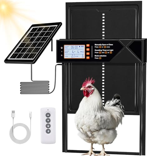 Puerta automática de gallinero alimentada por energía solar, puerta de pollo automática extra grande, mezcla de 4 modos con temporizador y sensor de luz, carga USB-C, antipellizcos y alerta, control